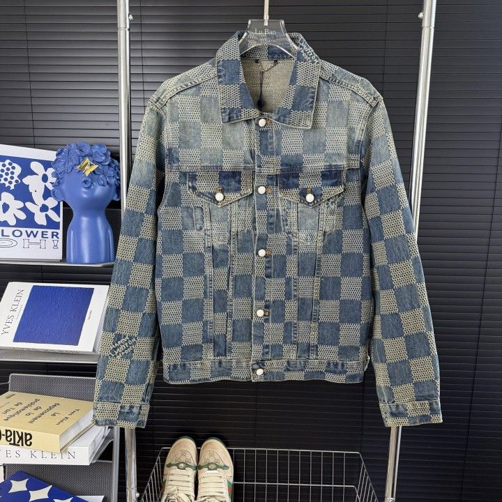 Louis Vuitton new checkerboard patchwork washed blue denim jacket XL