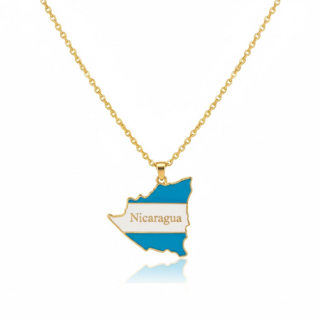 Nicaragua Map Flag Pendant Charm with 19.6" Chain Necklace Jewelry, Gold Tone