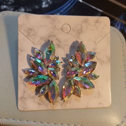 1.5x0.87" Swratovski Crystal AB Gold Plated Stud Push Back Earings