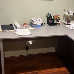 L-Shaped Desk w/ standing desk shelf