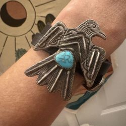 Sterling Turquoise Thunderbird Bracelet Vintage Signed
