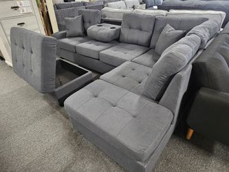 Brand New Gray Linen Reversible Sectional With Cup Holders + Storage Ottoman