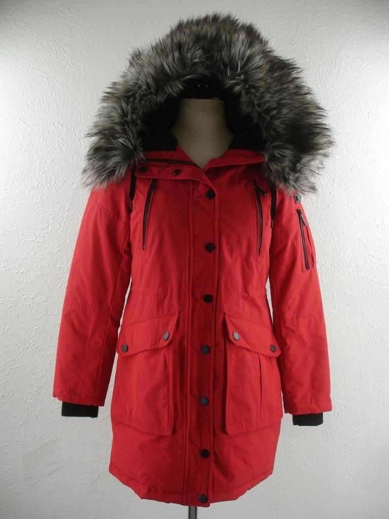 BCBGeneration Red Parka Jacket – Faux Fur Hood – Size S – Super Warm