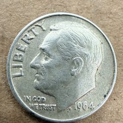 1964 President Roosevelt Dime. This coin has a composition of 90% silver, a denomination of 10 cents, and a fineness of 0.9. It was struck for circula