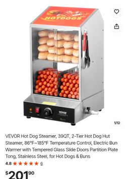 VEVOR Hot Dog Steamer, 39QT, 2-Tier Hot Dog Hut Steamer, 86℉~185℉ Temperature Control, Electric Bun Warmer with Tempered Glass Slide Doors Partition P