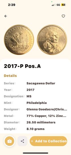 2017-P Sacagawea Gold Dollar BU Mint State UNC Collector Coin