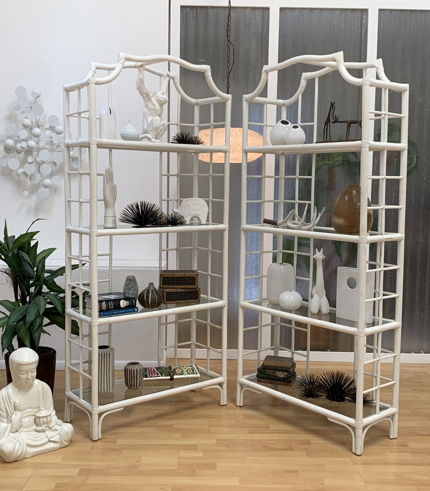 Vintage Rattan Pair Wallunit Shelves Display Etagere Wicker Bamboo Mid Century Modern Hollywood Regency Boho