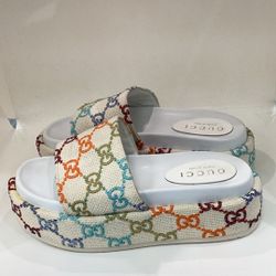 Used GUCCI Platform Multicolor Logo Canvas Slide Sz. 38