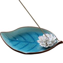 Incense Holder for Sticks-Ceramic Decorative Lotus Incense Burner Leaf-Incense Ash Catcher Tray Sky Blue
