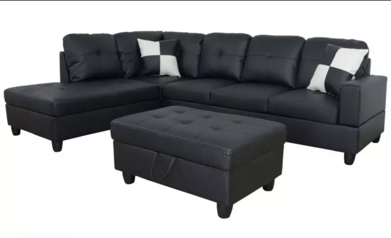 Black sectional couch with ottomanand 2 pillows(New)