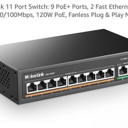 MokerLink 11 Port Switch: 9 PoE+ Ports, 2 Fast Ethernet Uplink, 10/100Mbps, 120W PoE, Fanless Plug & Play Network Switch