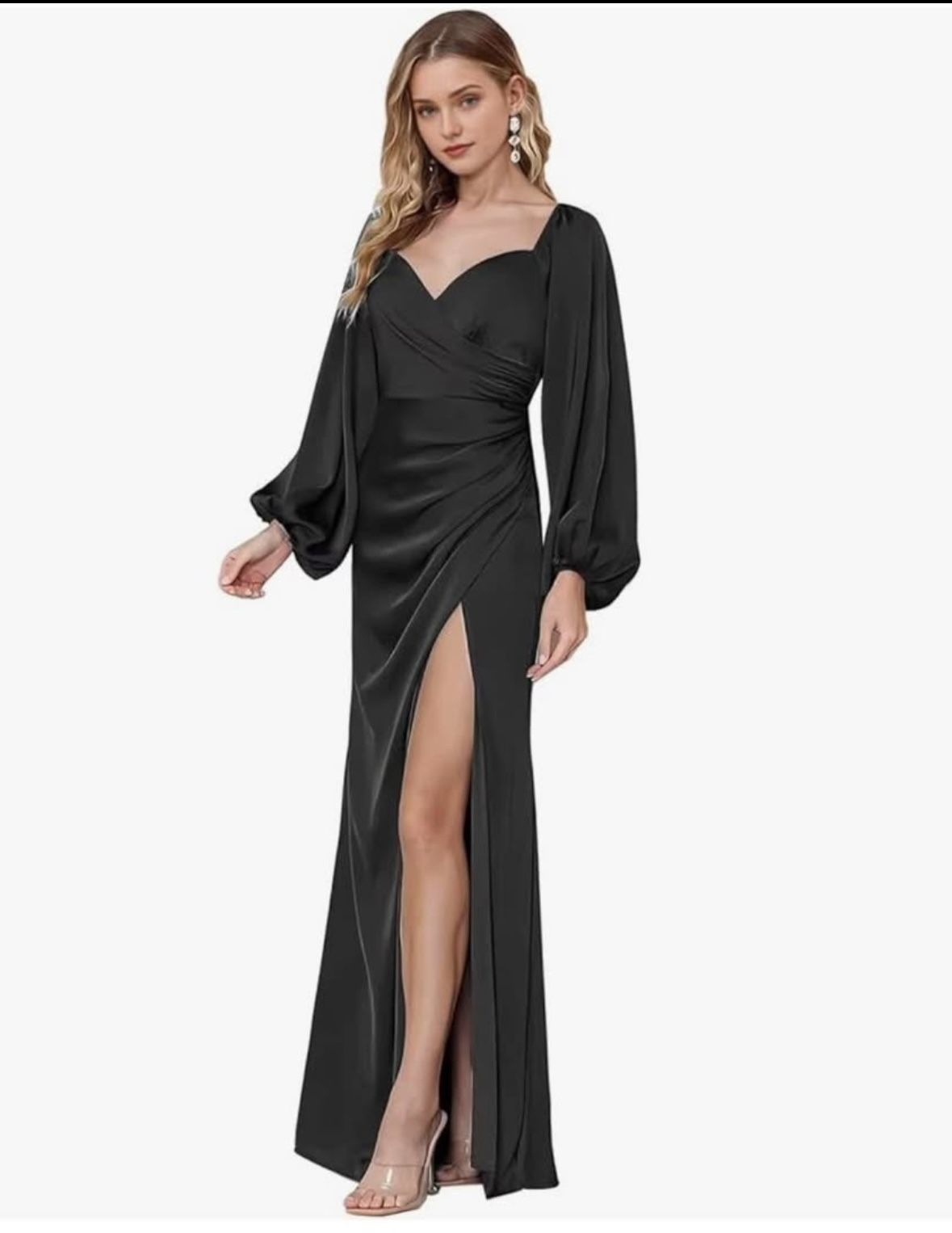 Woman Satin Long Sleeve Formal Black Dress.