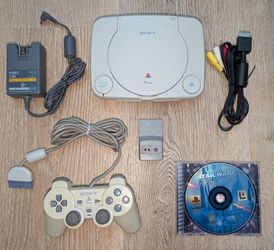 Sony PSone Slim Console Bundle - Controller, Cables, Memory Card & Game