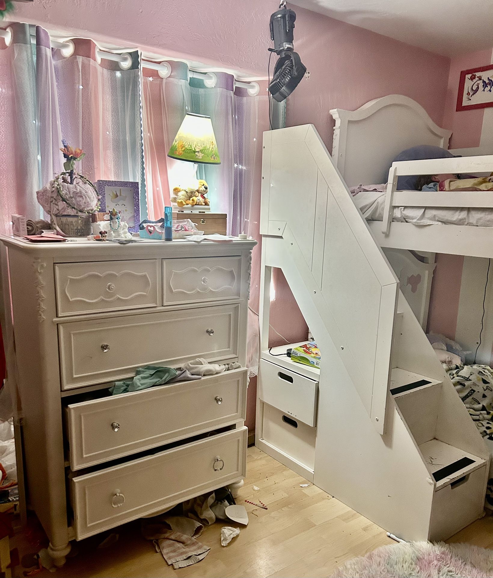 Gorgeous Sturdy white BUNKBEDS, Dresser, Staircase 