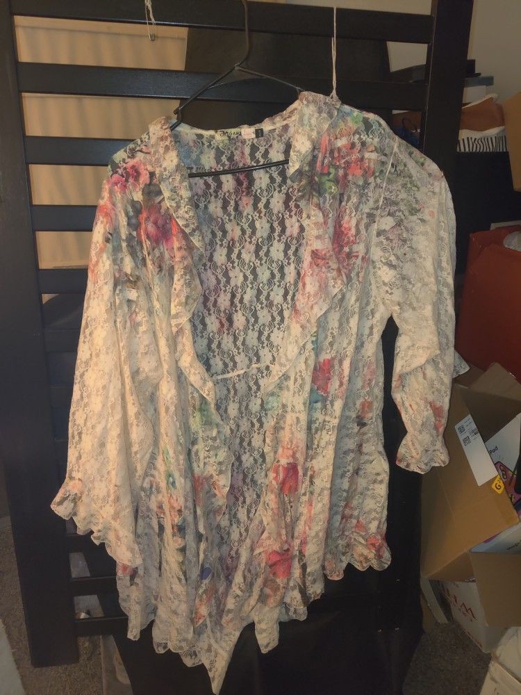 NEW ORIGAMI cardigan LACE VINTAGE WESTERN DUSTER (plus)KIMONO roses bohemian