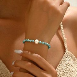 Pearl With Turquoise Beads Adjustable Womens Bracelet 