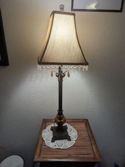 Vintage-Style Table Lamp with Amber Glass Beaded Shade