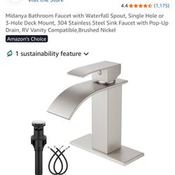 Midanya Bathroom Faucet with Waterfall Spout, Single Hole or 3-Hole Deck Mount, 304 Stainless Steel Sink Faucet with Pop-Up Drain, RV Vanity Compatibl