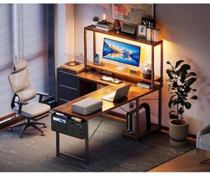 53" L-Shaped Gaming Desk with LED Light & Power Outlet, with Shelf & Storage, Brown/Black