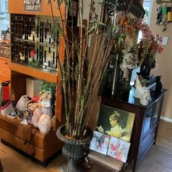 A Beautiful Gray Plant Pot Wit Beautiful Artificial Bamboo Plants, Very Tall, Just Gorgeous 