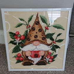 Coffee Gnome On Custom Swirl Fabric In White Metal Frame
