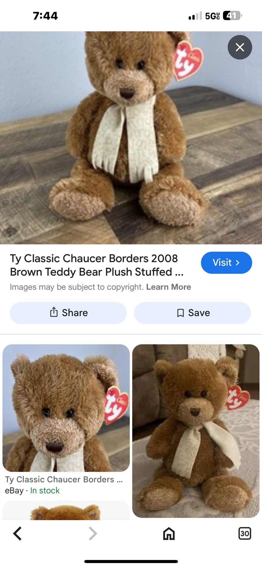 TY Classic Chaucer Borders 2008 Brown Teddy Bear Plush Stuffed