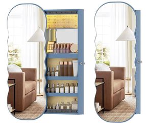 Lvifur Jewelry Cabinet Door Hanging, LED Wavy Mirror Wall Mounted Jewelry Organizer, Over The Door Mirror With Storage, Lockable Jewelry Armoire with 