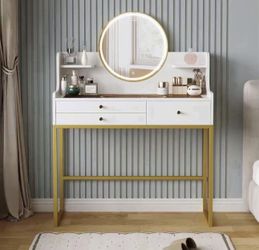 Makeup Vanity Desk with Mirror and Lights, Glass Top Vanity Desk with 3 Drawers & 2 Storage Shelves, Bedroom Dressing Table with Power Outlet, 3 Light