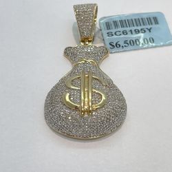 Gold Diamond Pendant Money Bag 10K New 