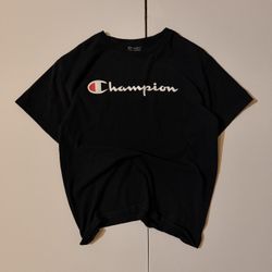 Black Champion athletic T-shirt with white logo, size L