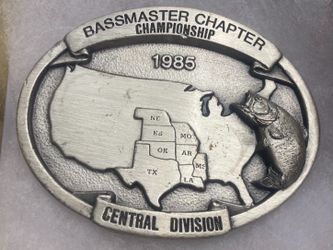 Vintage 1985 Metal Belt Buckle, Bass Master Chapter Championship, Fishing, Fish, Nature, Nice Western Style Design, 3" x 2 1/4", Heavy Duty, Quality, 