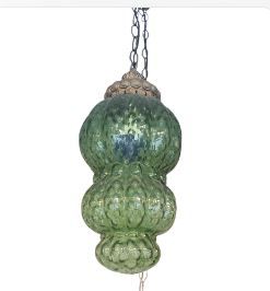 VINTAGE HANGING LAMP - ELECTRIC - GLASS - GREEN FOREST - GOLD CHAIN - REGULAR BULB - 15H X 8D INCH