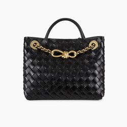 Bottega Veneta Black Woven Shoulder Bag with Black Gold Chain