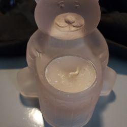 Vtg Pink Frosted/Satin Glass Teddy Bear Candle Holder