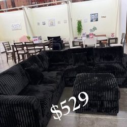 Stylish ‼️Sectional sofa with ottoman black fur-like jumbo Corduroy