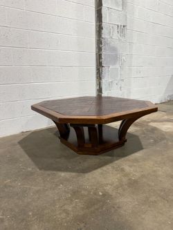 Vintage Octagon Coffee Table Herringbone Parquet Top Sculptural Pedestal Base Mid Century Brutalist Style