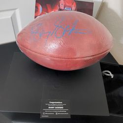 Barry Sanders Autographed Signed In Rare Color Match Blue Ink Auto Official Pro The Duke Shield  Football Fanatics Authenticated