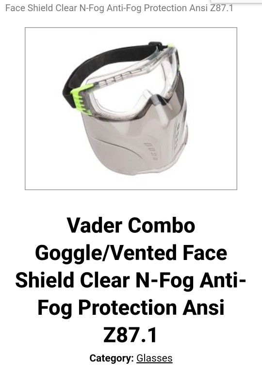 VADER COMBO GOGGLE/VENTED FACE SHIELD...ANTI FOG