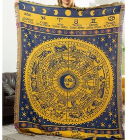 Bohemian Woven Cotton Throw Blanket - Reversible Sofa Cover for Couch, Bed, or Chair, Astrology Decor (Yellow, 71x51 inch) or (180x130 cm)