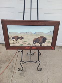 Original Vintage framed Buffalo Bison in Western desert oil on board signed H.W. Hansen 74