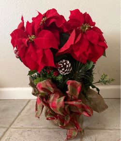 Artificial Christmas Poinsettia Arrangement with Burlap Bow - 19"