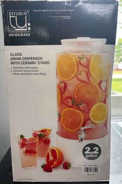 Studio TU 2.2-gallon glass drink dispenser with ceramic stand and lid.