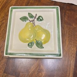 Boho Vintage “Pleasing Pears" Embossed Ceramic Trivet, Hot Pad, Decorative Tray