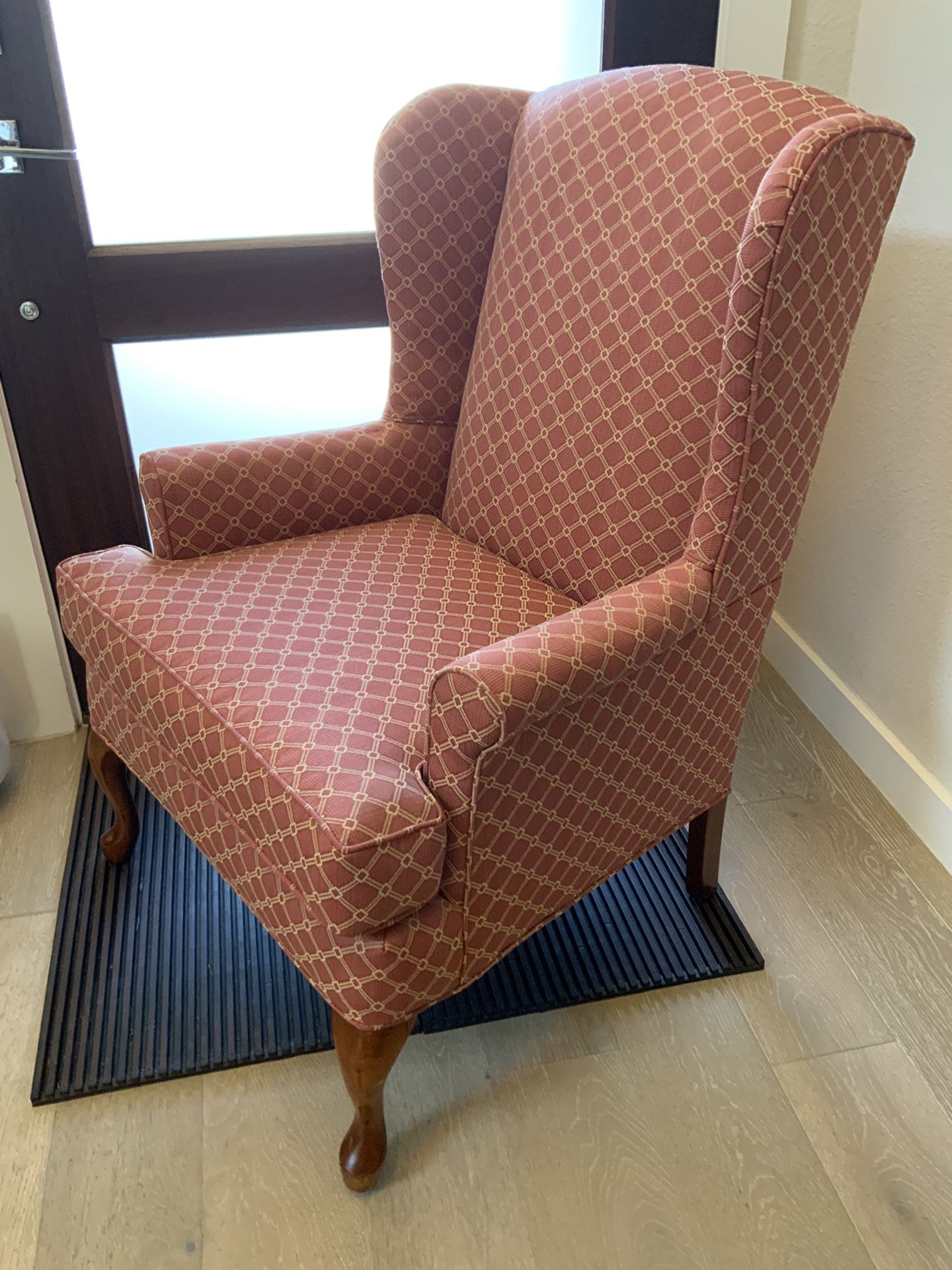 Red Patterned Queen Anne Wingback Accent Arm Chair