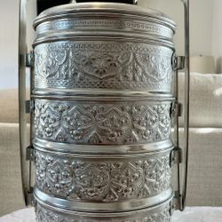 Vintage Thai Tiffin Silver Aluminum Food/Storage Carrier.