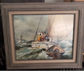 Framed Nautical Sailing Scene Painting