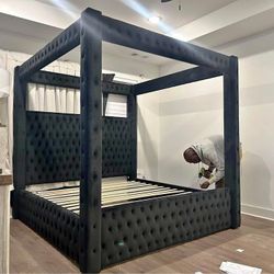 Black Canopy King And Queen Size Bed Frame W Blue Tooth Speakers & USB Ports 