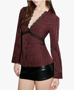 Women’s Burgundy/Black Pinstripe V-Neck Button-Up Blouse Lace Trim Long Sleeve M