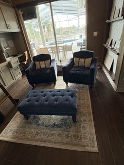 Blue velvet chair set with bench