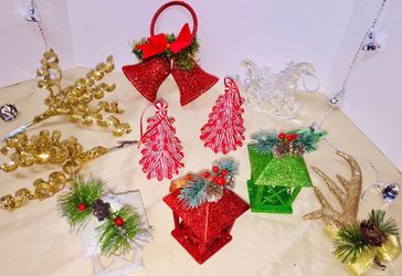 Christmas Lot Holiday Ornament Set - Red, Green, Gold Decoration Lantern Bells